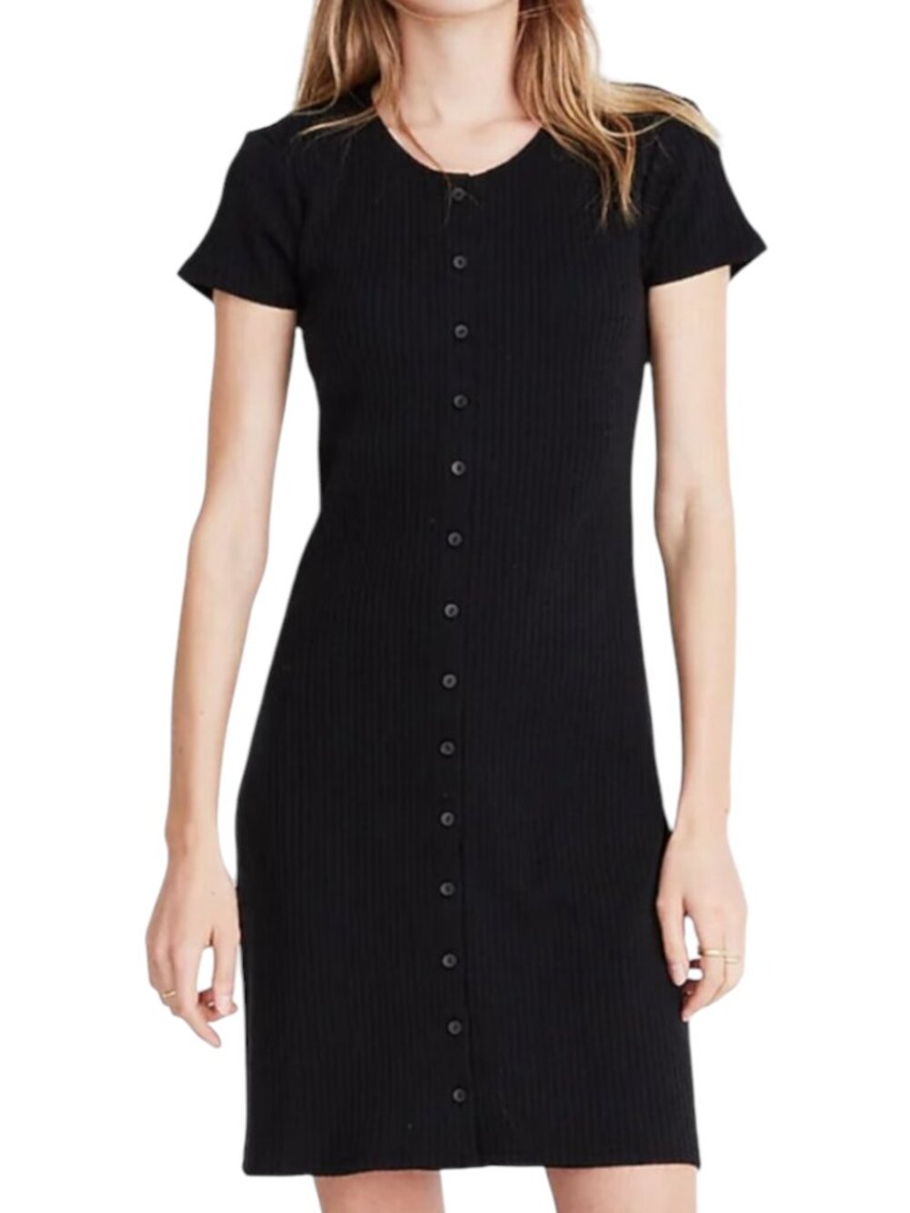 Madewell Rib Knit Dress Mini Button Front Short Sleeve Black S